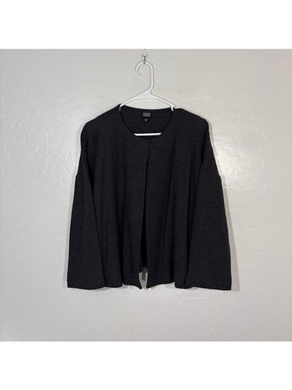 Eileen Fisher Cardigan Sweater Womens Small Gray 100% Wool Open Front Made USA